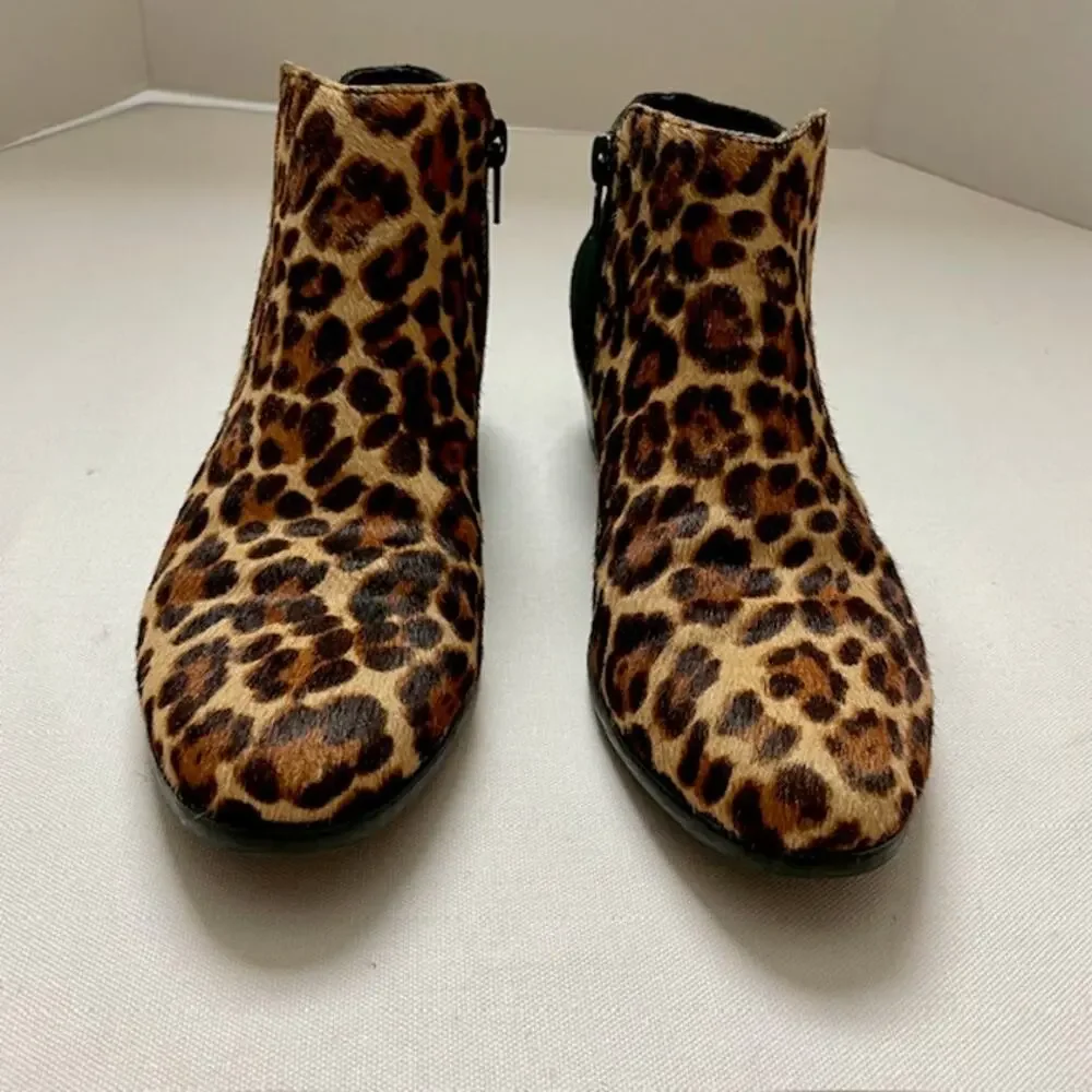 G.H. Bass Leopard Calf Hair Ankle Booties Zip Low Heel Womens 6.5M Street Chic